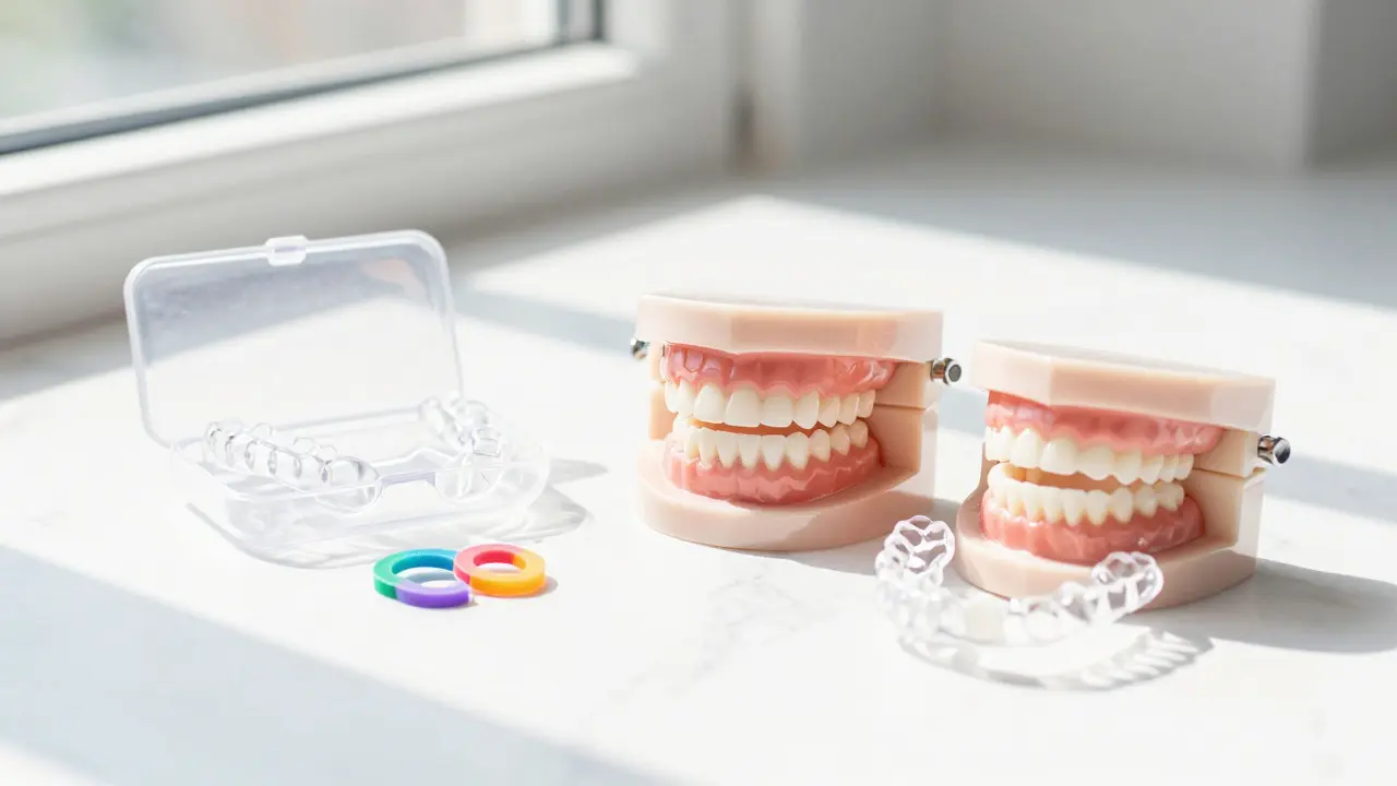 Sada ortodontických pomůcek včetně průhledných alignerů a elastiků na bílém podloží.