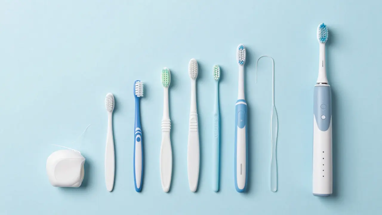 Sada pomůcek pro kompletní dentální hygienu včetně mezizubních kartáčků a nitě.