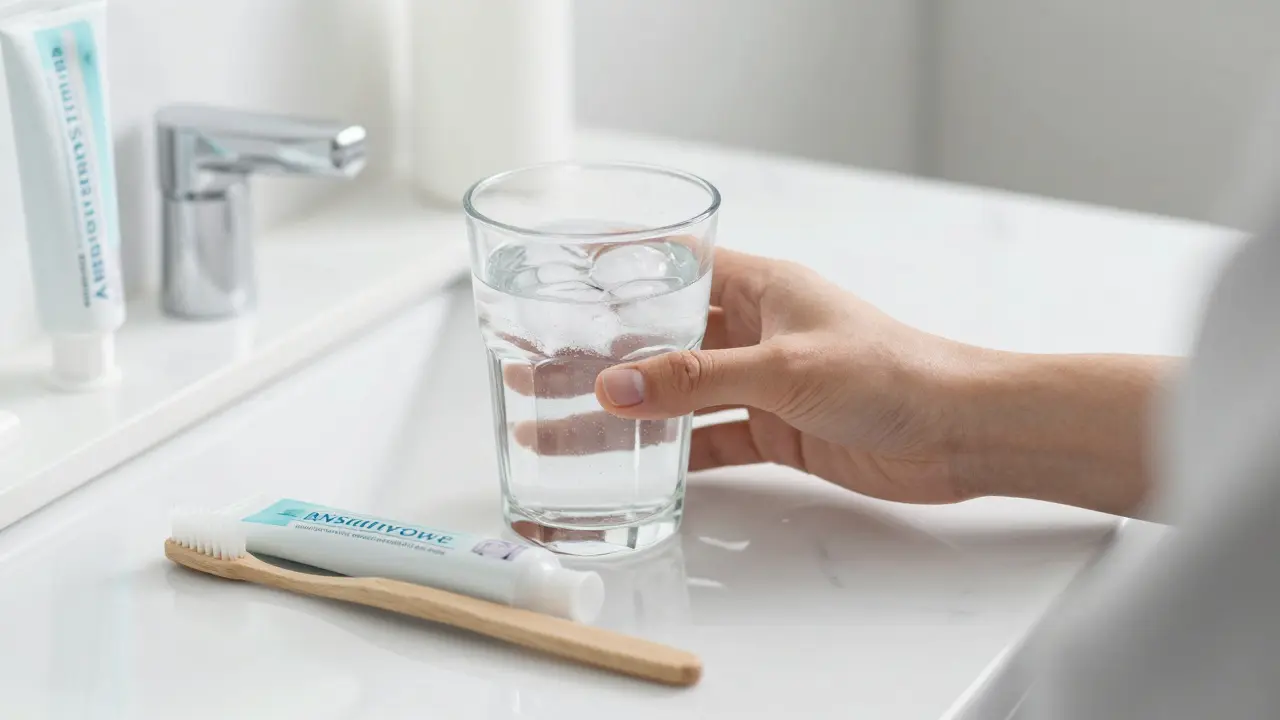 Sklenice studené vody a zubní pasta pro citlivé zuby v moderní koupelně.