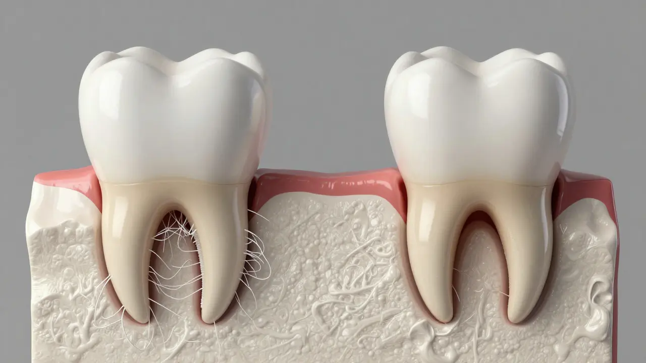 Srovnání zdravého ukotveného kořene zubu s kořenem postiženým parodontózou.