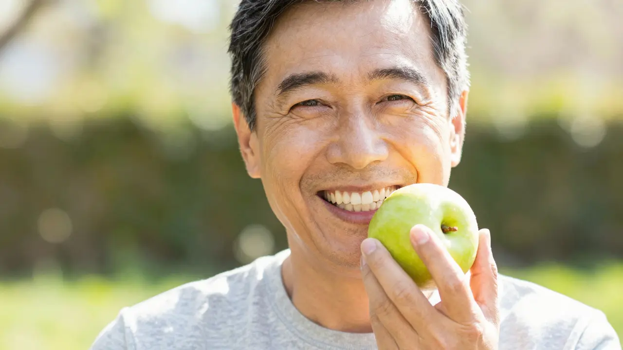 Šťastný člověk s krásným úsměvem zakousnutý do čerstvého jablka.