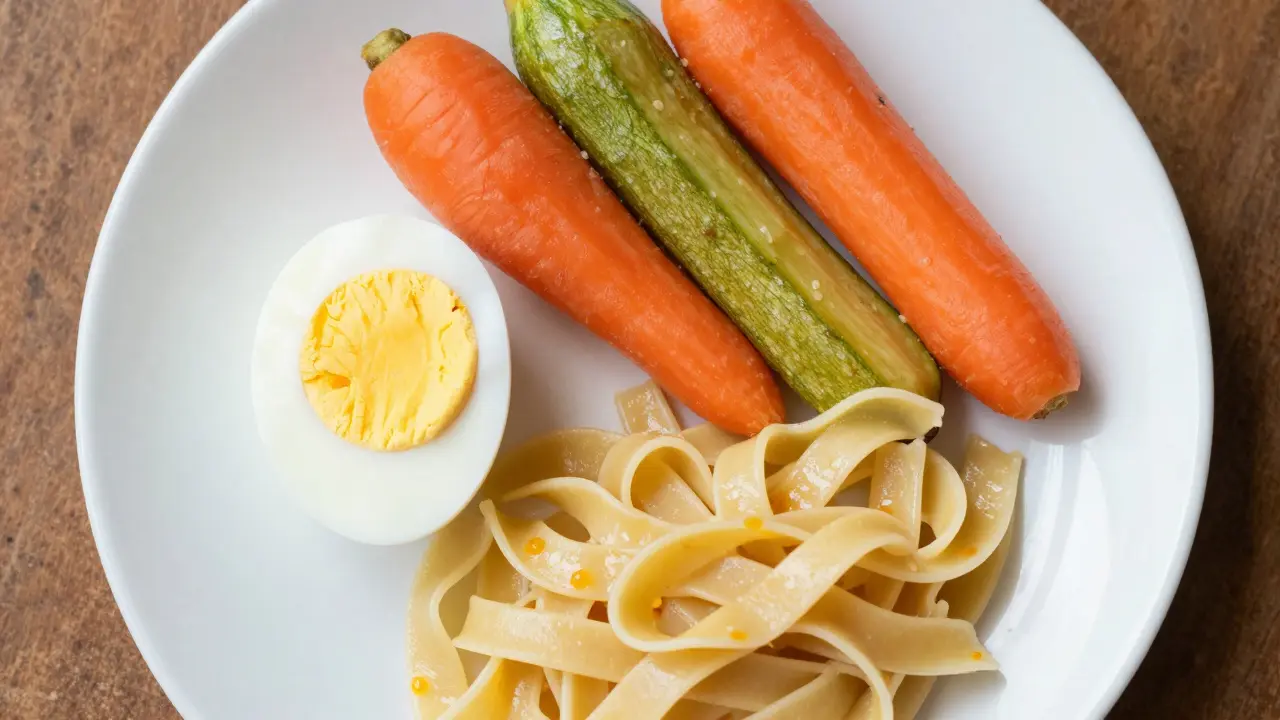 Talíř s vejcem nasedla, vařenou mrkví, cuketou a měkkými těstovinami.