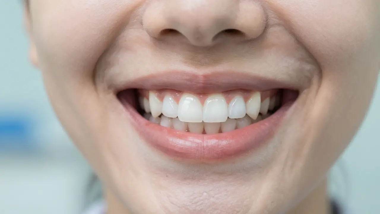 Úsměv s rovnými a bílými zuby po sundání fixního ortodontického aparátu.