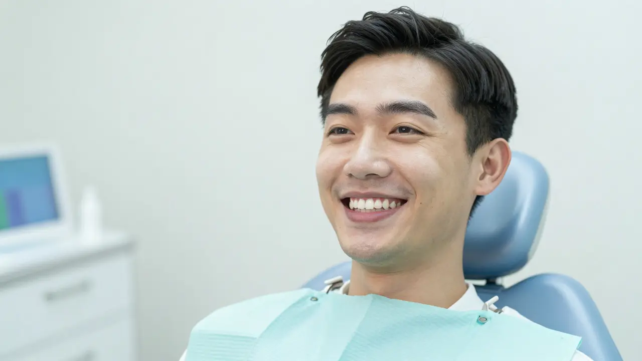 Úsměv zdravého člověka v moderní zubní ordinaci.