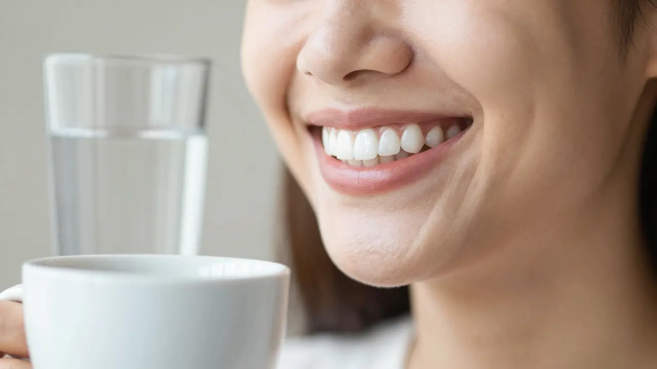 Zářivý a sebevědomý úsměv člověka s dokonale bílými zuby.