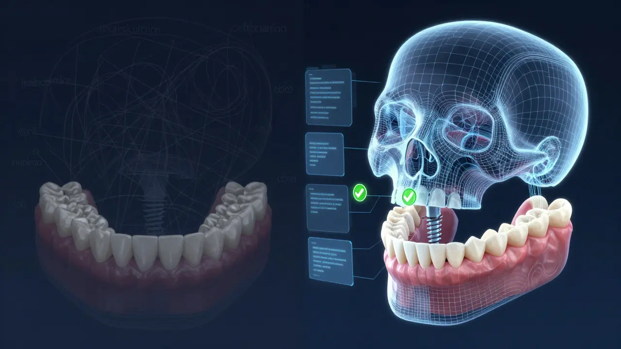 Digitální 3D model čelisti s plánovaným umístěním implantátu pro rovnání zubů.
