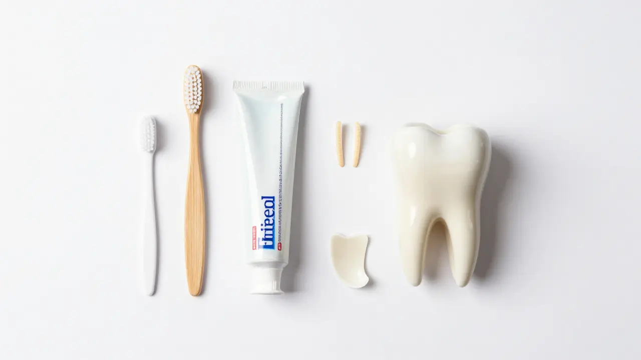 Hygienické potřeby a model zubu na bílém pozadí
