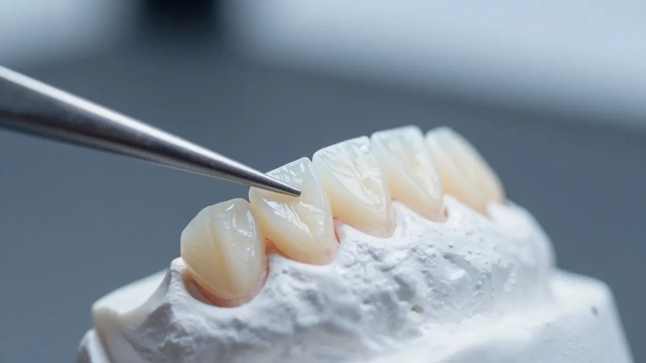 Ultra-tenké porcelánové zubní fazety na laboratorním stole