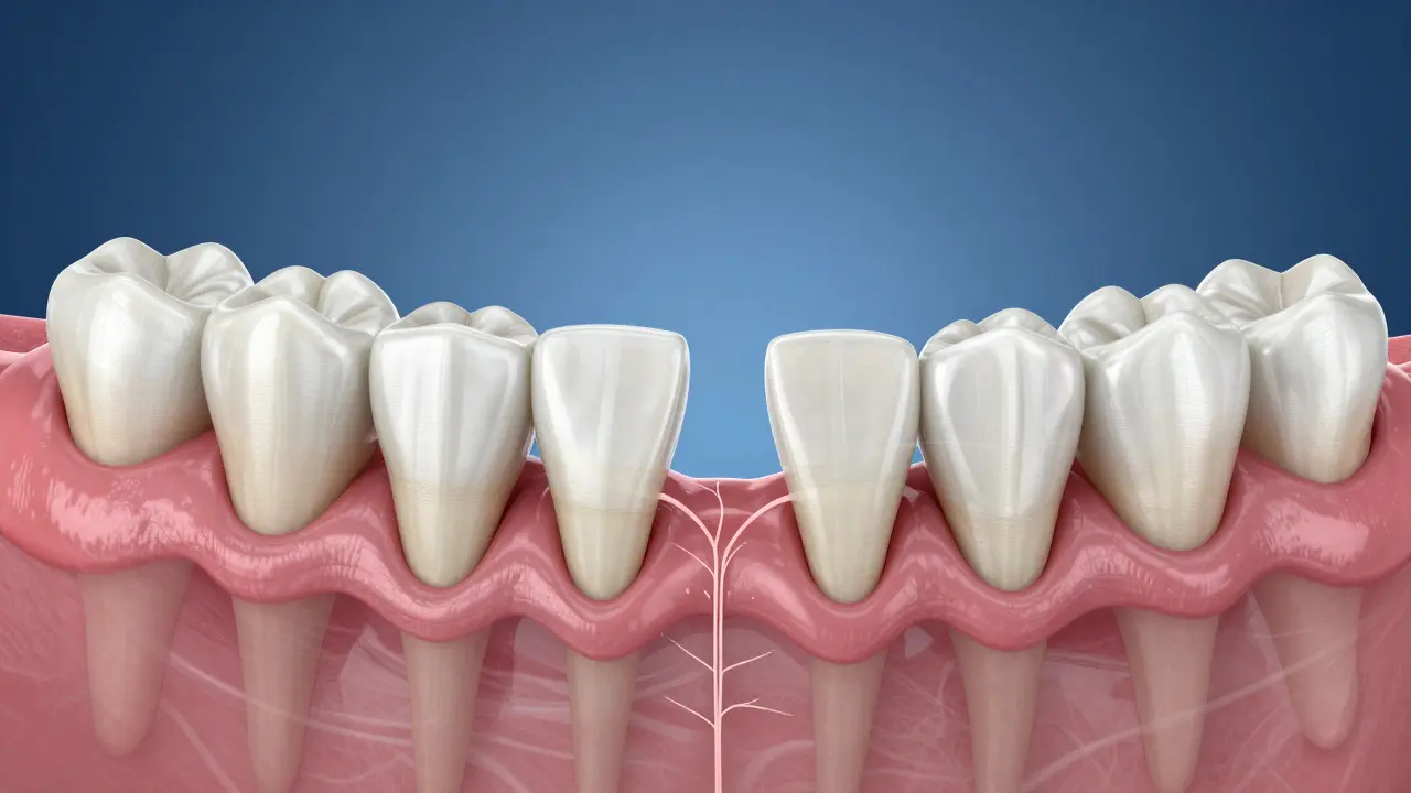Anatomický pohled na úbytek kosti způsobující rozestup zubů