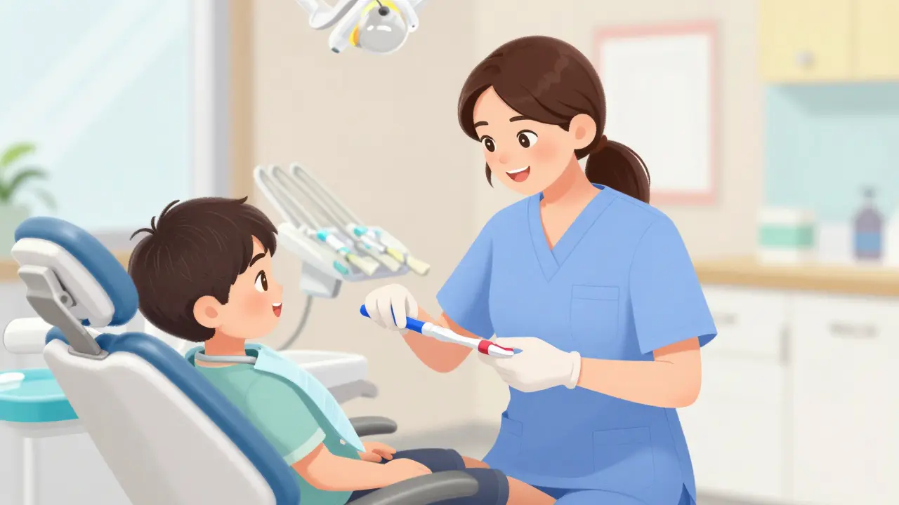 Dentální hygienistka učí dítě správnému čištění zubů
