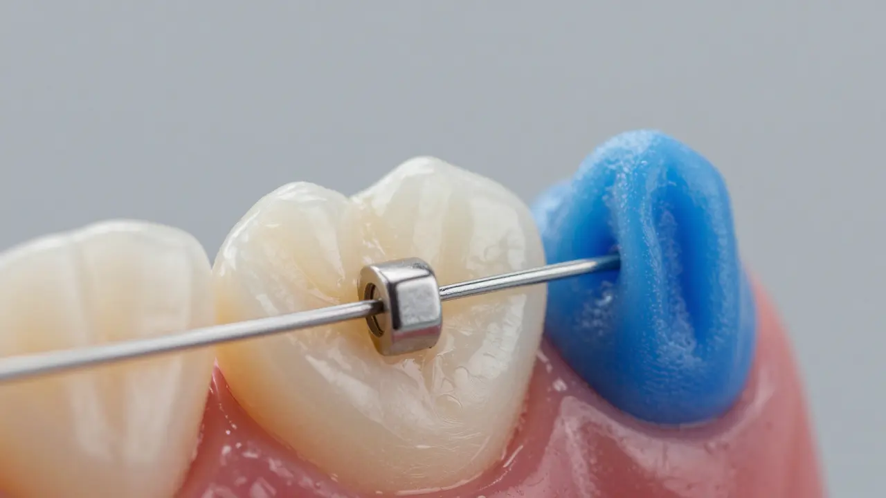 Detail zubu s kovovým držákem a opotřebovanou elastickou ligaturou