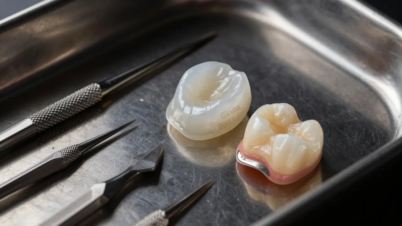 Detailní záběr keramických korunek a stomatologických nástrojů