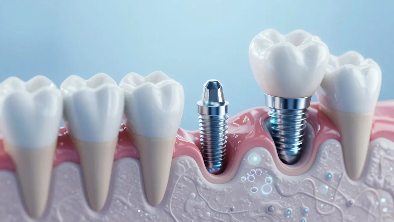 Schéma ukazující proces hojení a spojení implantátu s kostí