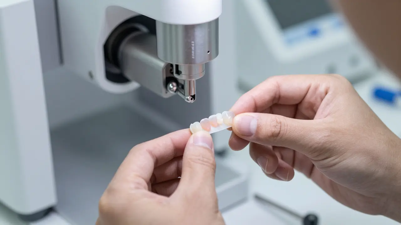 Technik v laboratoři upravuje keramické zubní fazety s precizním nástrojem