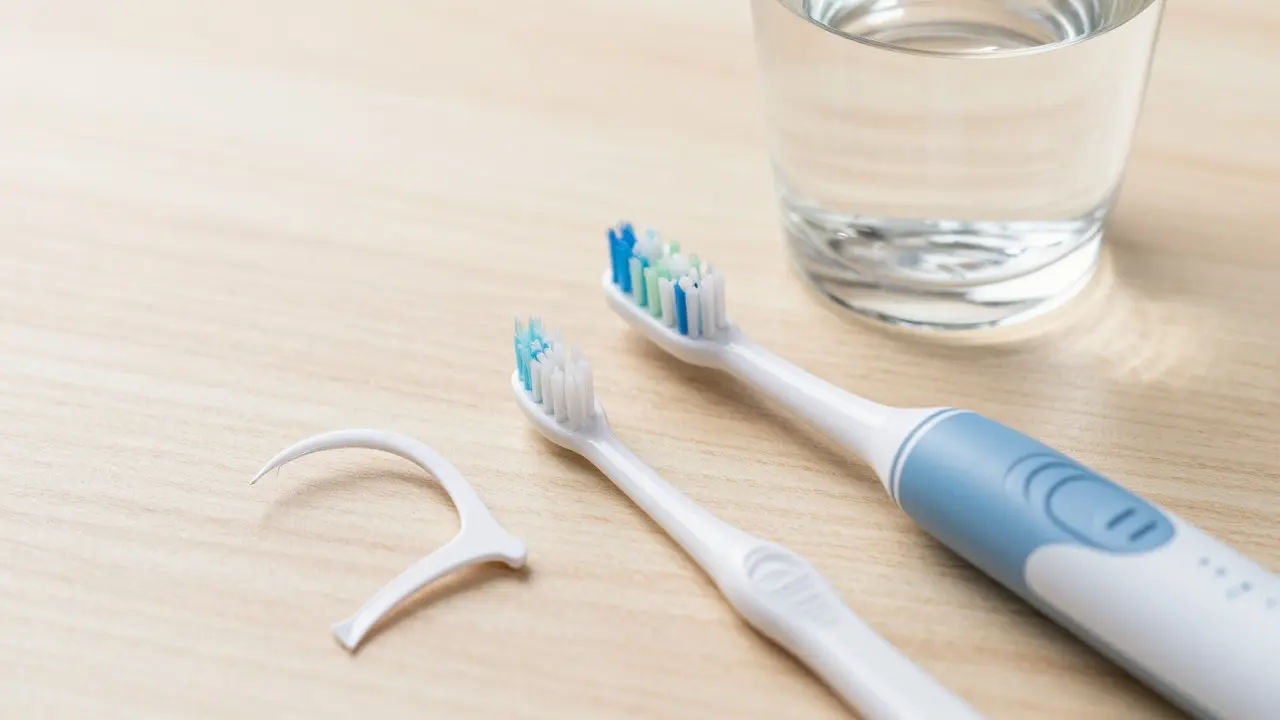 Interdentální kartáček, superfloss a elektrická zubní kartáčka na stole