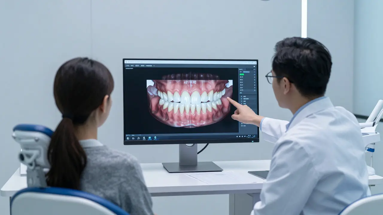 Ortodont ukazuje pacientovi 3D model zubů na monitoru