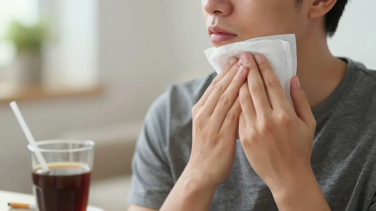 Pacient chladí tvář ledem při prevenci komplikací po vytržení