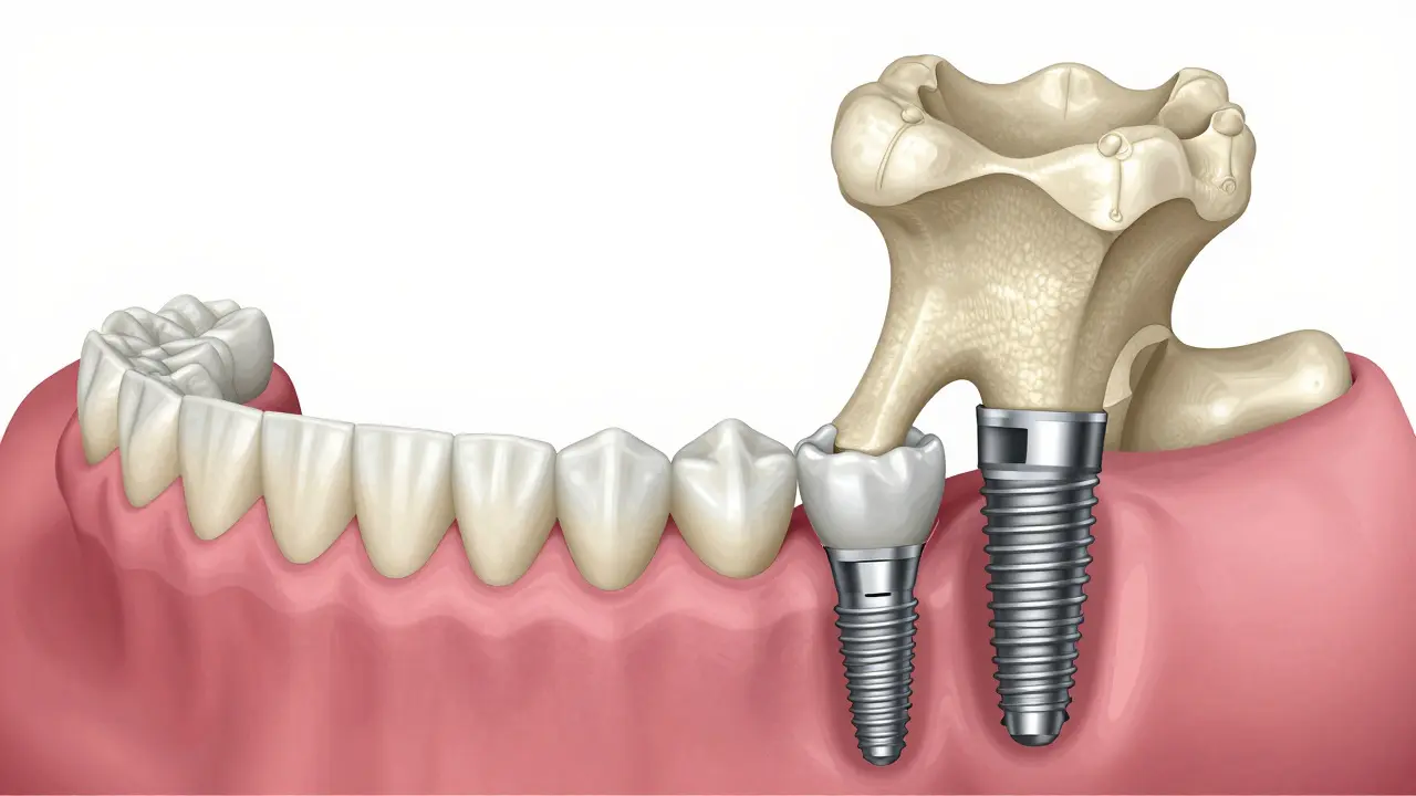 Srovnání úbytku kosti u protéz a zdravé kosti s implantáty v řezu.