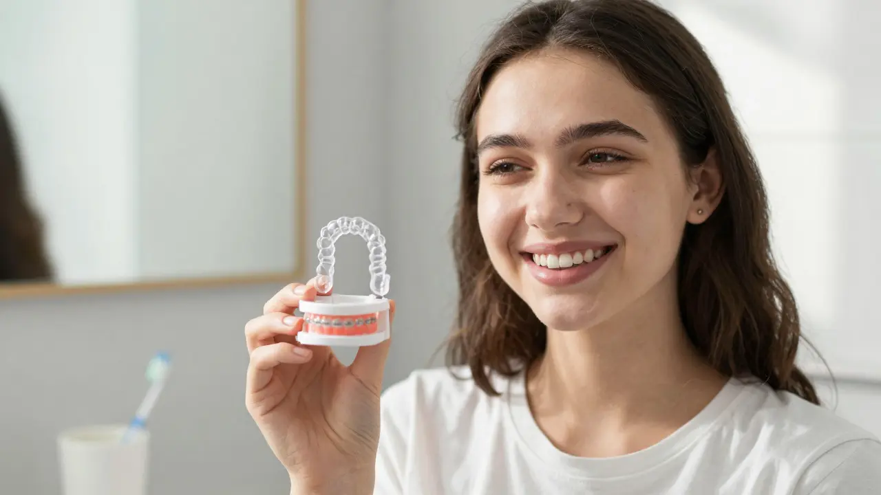 Teenage dívka s úsměvem drží pouzdro na transparentní rovnátka