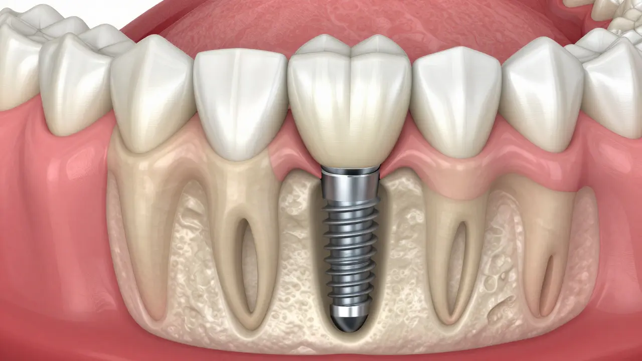 3D ilustrace zubního implantátu ukotveného v čelistní kosti