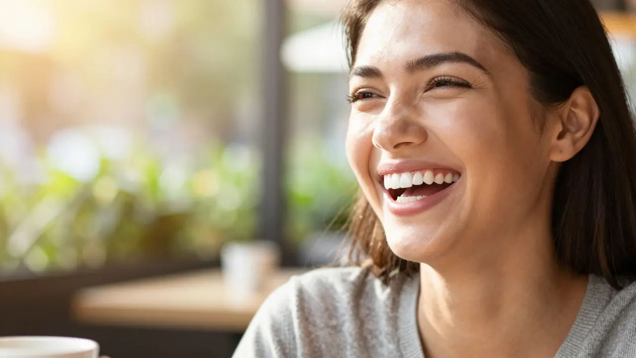 Confident person laughing with bright, healthy-looking teeth outdoors