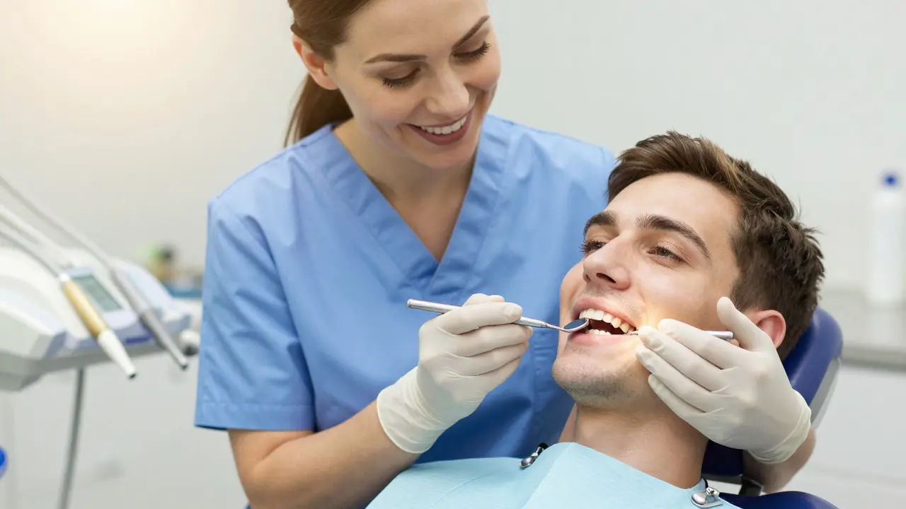Dentální hygienistka vyšetřuje pacienta v moderní ordinaci