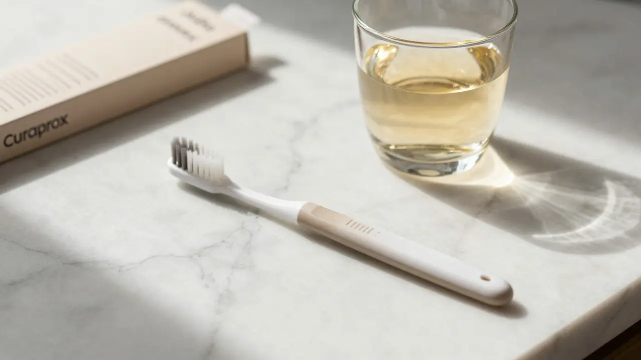Elegantní Curaprox kartáček na mramoru s důrazem na ergonominu