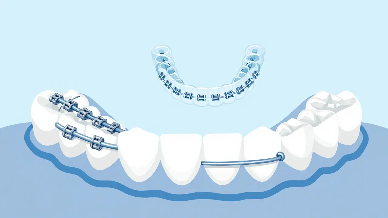 Illustration comparing braces, aligners, and retainers on jaw models