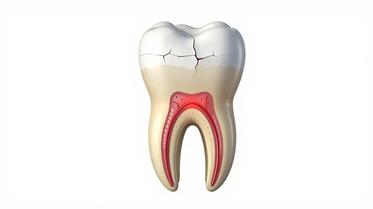 Ilustrace průřezu zubem ukazující odhalený dentin a nervy