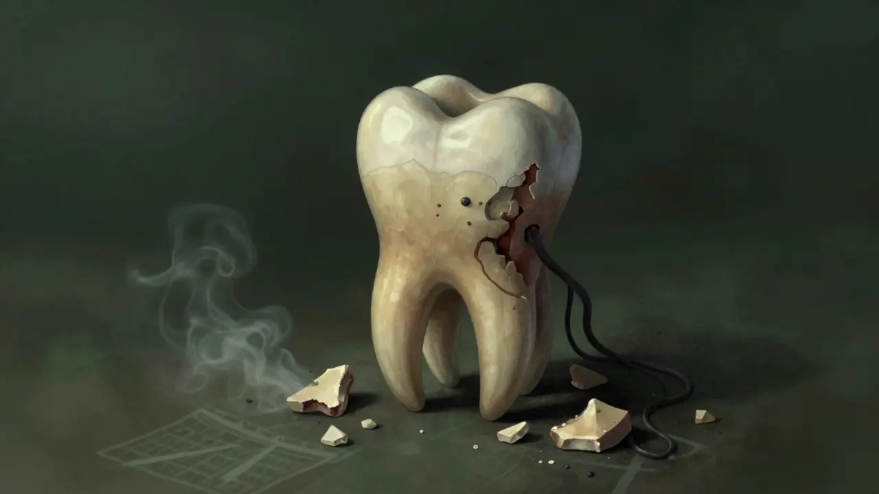 Ilustrace zubu s rozpadající se kostí kvůli dlouhodobé parodontóze