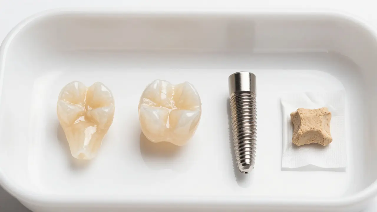 Keramické korunky, inlaye a implantáty na zubním tácu