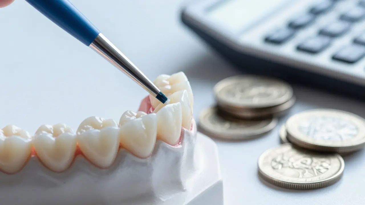 Makro záběr aplikace kompozitního materiálu na zub vedle symbolů nákladů