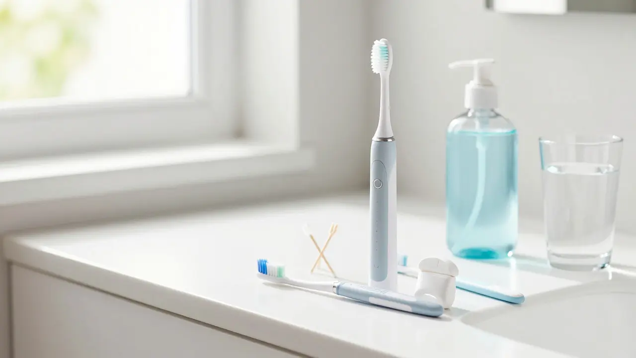 Nástroje pro ústní hygienu: kartáček, nit a voda na světlém pultu