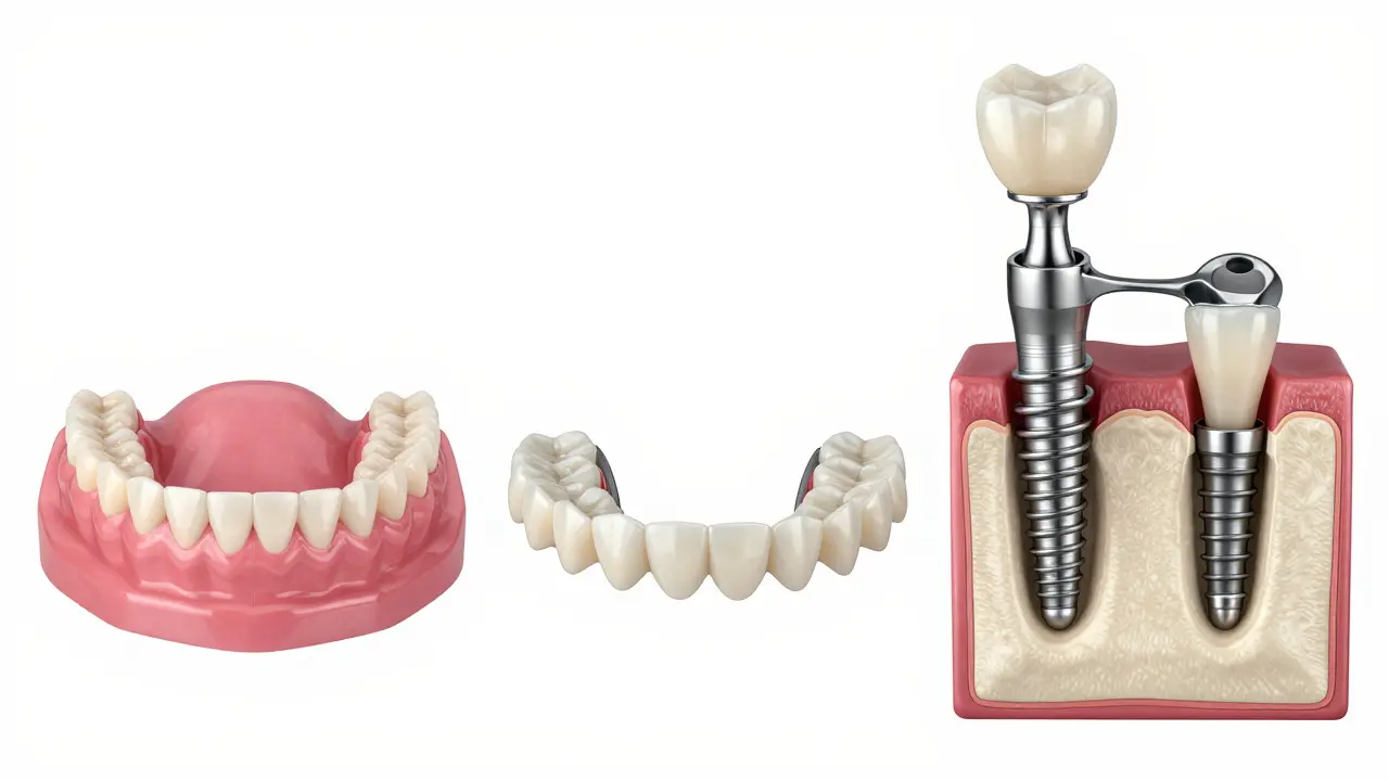 Porovnání tří typů zubních náhrad: akrylát, kov, implantáty