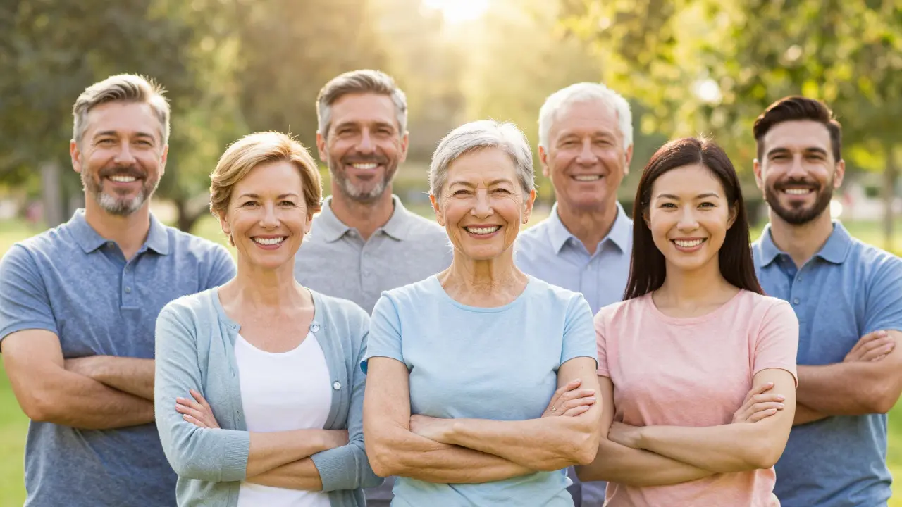 Smiling adults of various ages enjoying a sunny day in a park