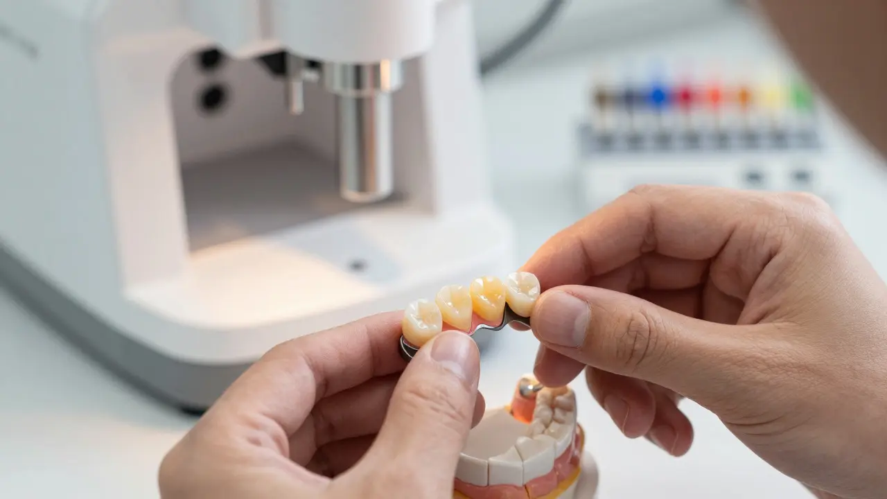 Technik leští lesklou keramickou korunku v laboratoři