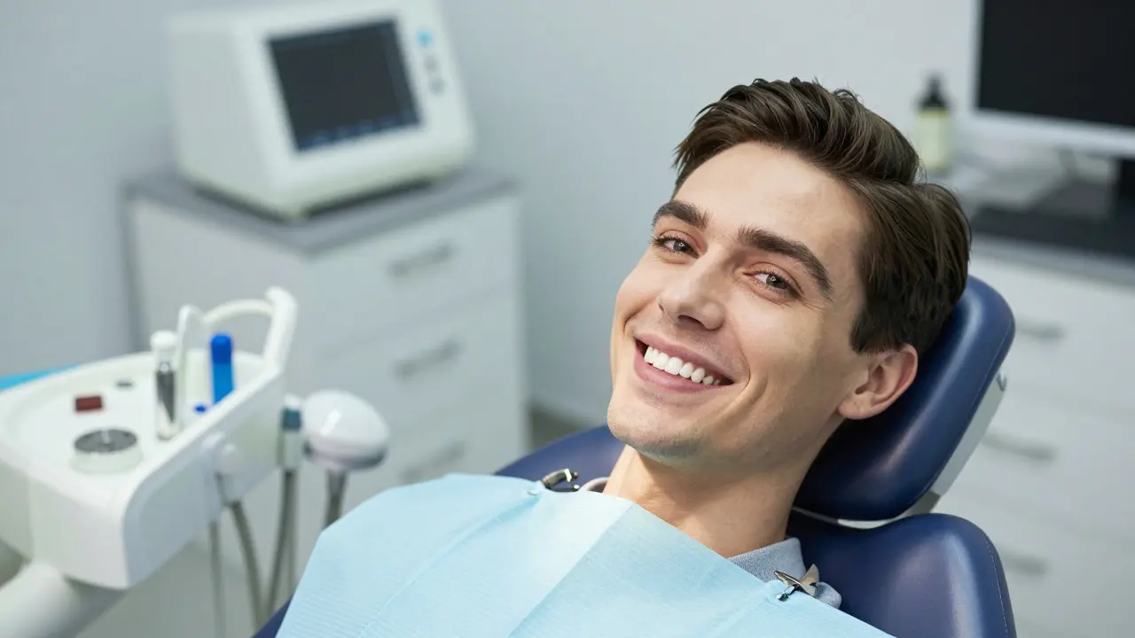 Usmívající se pacient s dokonalým úsměvem po implantaci můstku