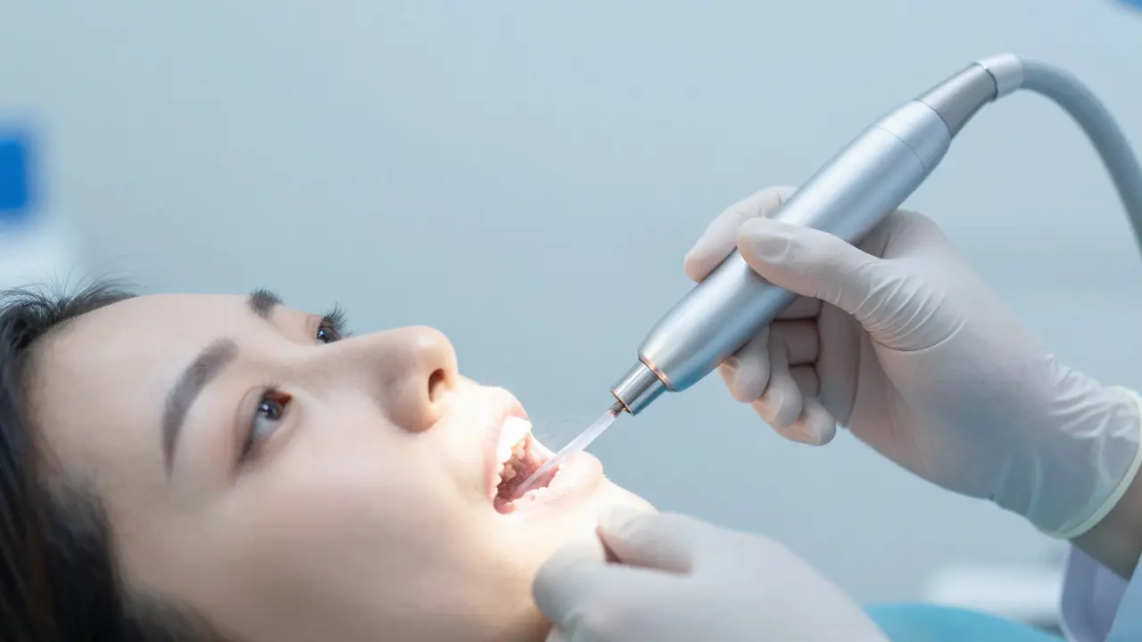 Zubní lékař používá ultrazvukový scaler k čištění zubního kamene