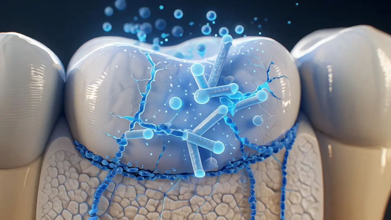 3D vizualizace hydroxyapatitových krystalů opravujících mikroskopické trhliny v zubní sklovině