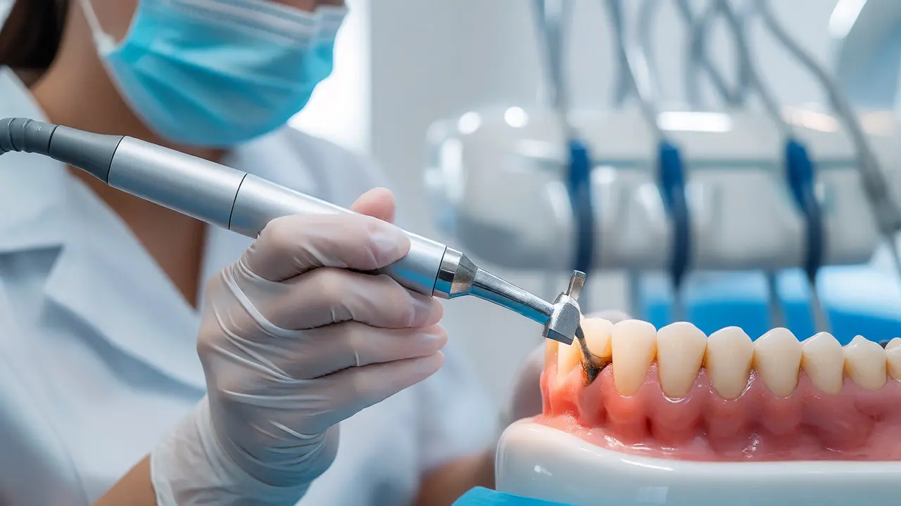 Dentální hygienistka odstraňuje zubní kámen ultrazvukem