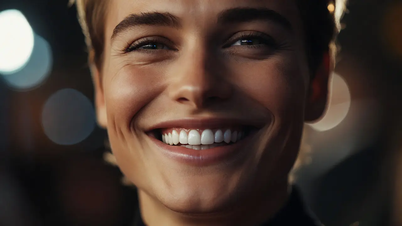 Detailní záběr na zářivý úsměv celebrity s dokonalými bílými keramickými fasetami.