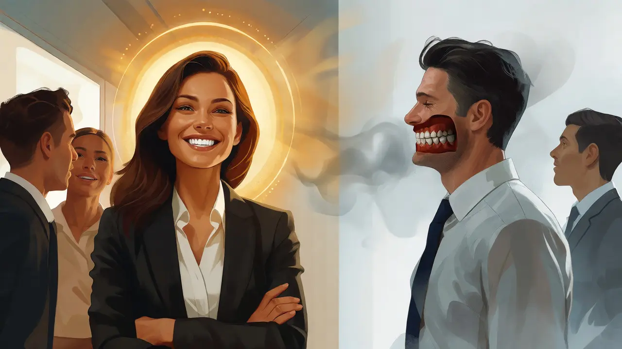 Konceptuální ilustrace Halo efektu a vlivu úsměvu na kariéru