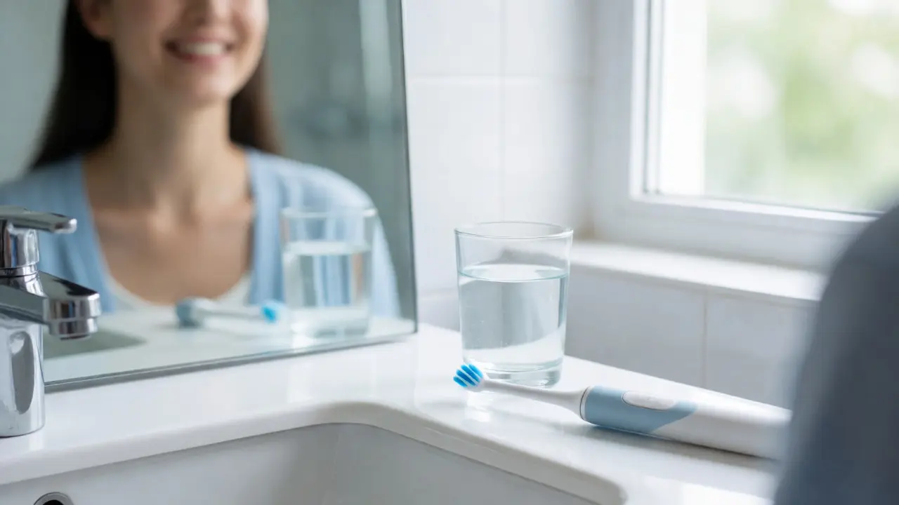 Moderní elektrický kartáček na zuby v čistém koupelnovém prostředí