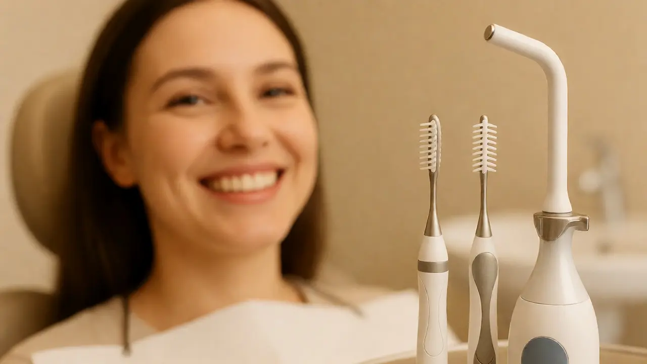 Pacient s krásným úsměvem a nástroje pro hygienu kolem implantátu