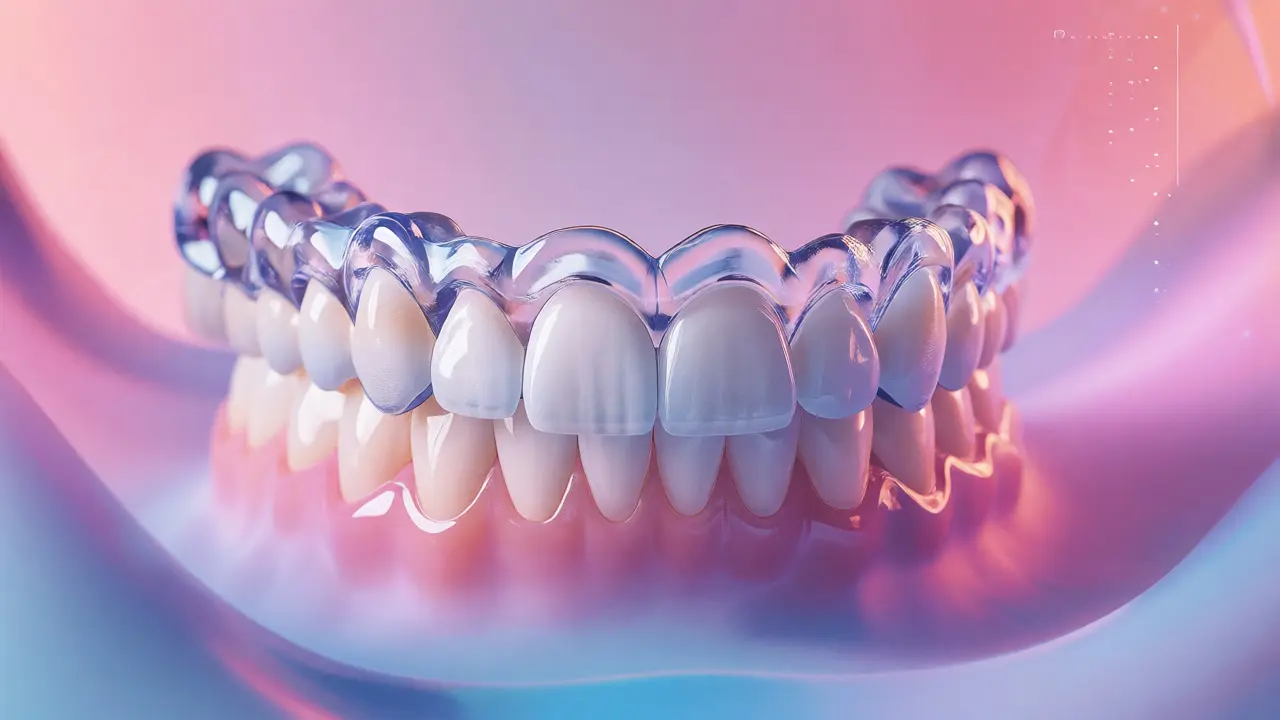 Průhledný retainer nasazený na rovné zuby jako ochrana výsledků léčby