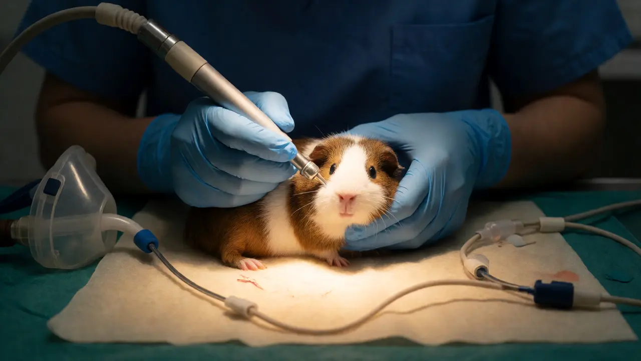 Veterinář brousí zuby uspánému morčeti pomocí speciálního nástroje