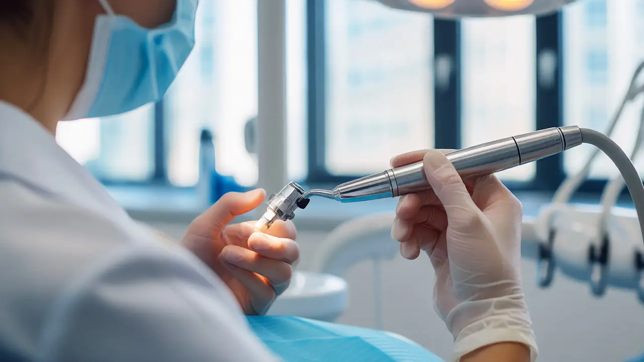Dentální hygienistka odstraňuje zubní kámen