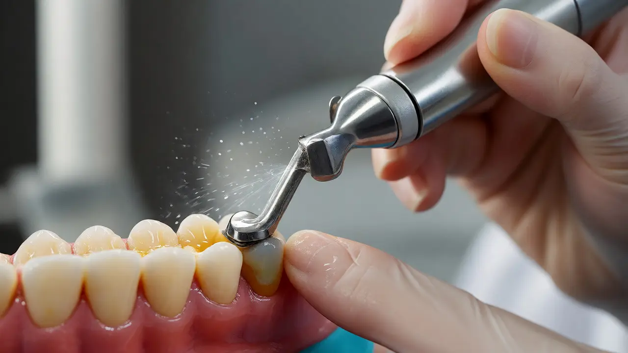 Dentální hygienistka odstraňuje zubní kámen ultrazvukovou sondou