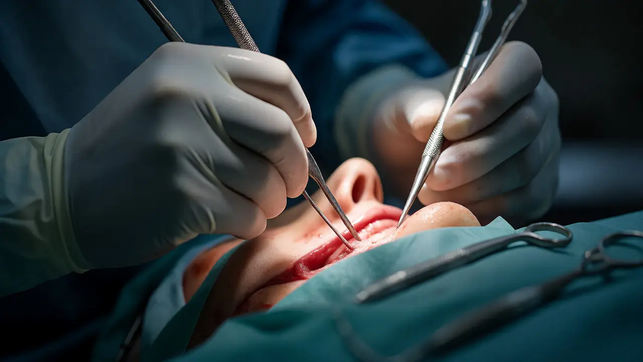 Detailní záběr na chirurgické nástroje během operace čelisti v operačním sále.