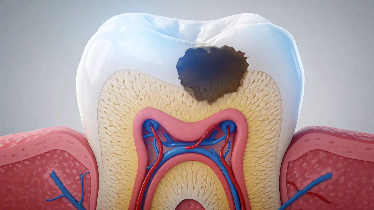 Lékařský řez zubem znázorňující kaz v dentinu